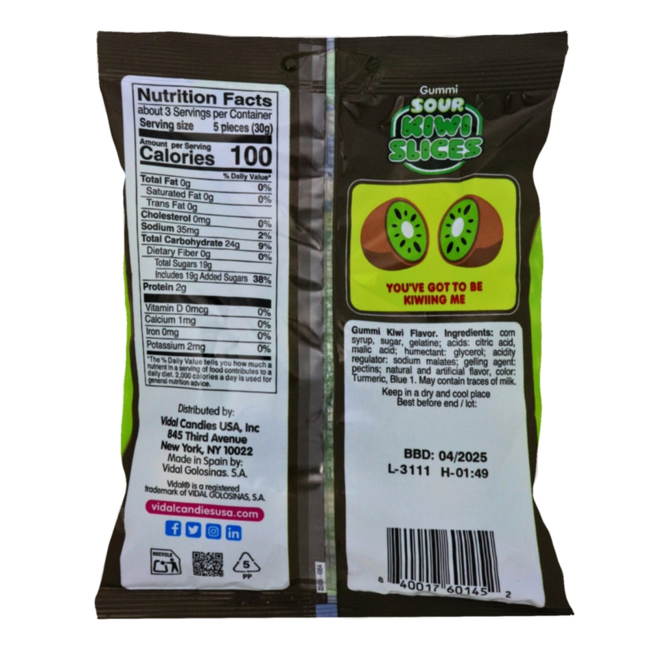 Vidal Sour Kiwi Slices - 3.5oz Nutrition Facts Ingredients - Sour Candy