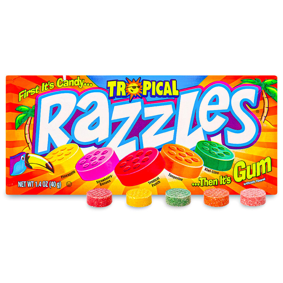 Razzles Tropical Candy 1.4 oz. Open, Razzles Tropical Candy, Sweet and exotic candy, Burst of fruity goodness, Candy that transforms into gum, razzles, razzles candy