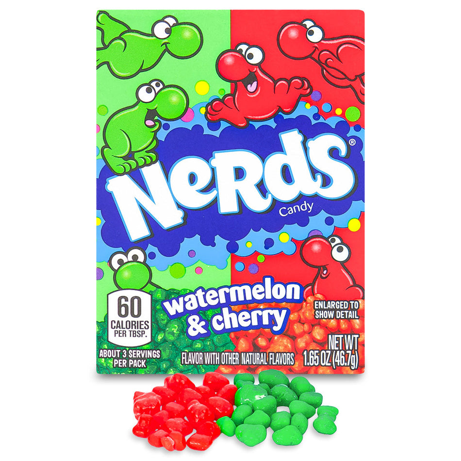 Nerds Candy Watermelon & Cherry 1.65 oz. Open, Nerds Candy Watermelon & Cherry, watermelon and cherry flavors, tangy, fruity, flavor party, jokes, chuckles, candy-lover, whimsy, snacking, sweet escape.