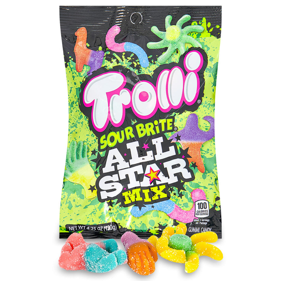 Trolli Sour Brite All Star Mix 4.25oz Open, Trolli Sour Brite All Star Mix, tangy gummies, electrifying sourness, star-studded fun, candy enthusiasts, flavor explorers, lively candy experience, interstellar taste escapade