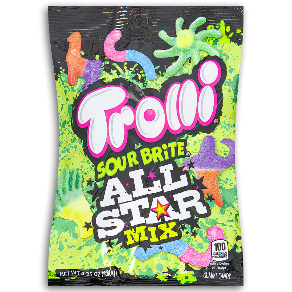 Trolli Sour Brite All Star Mix 4.25oz Front, Trolli Sour Brite All Star Mix, tangy gummies, electrifying sourness, star-studded fun, candy enthusiasts, flavor explorers, lively candy experience, interstellar taste escapade