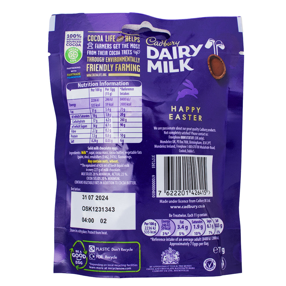 Cadbury Dairy Milk Mini Chocolate Eggs Bag (UK) - 77g  Nutrition Facts Ingredients