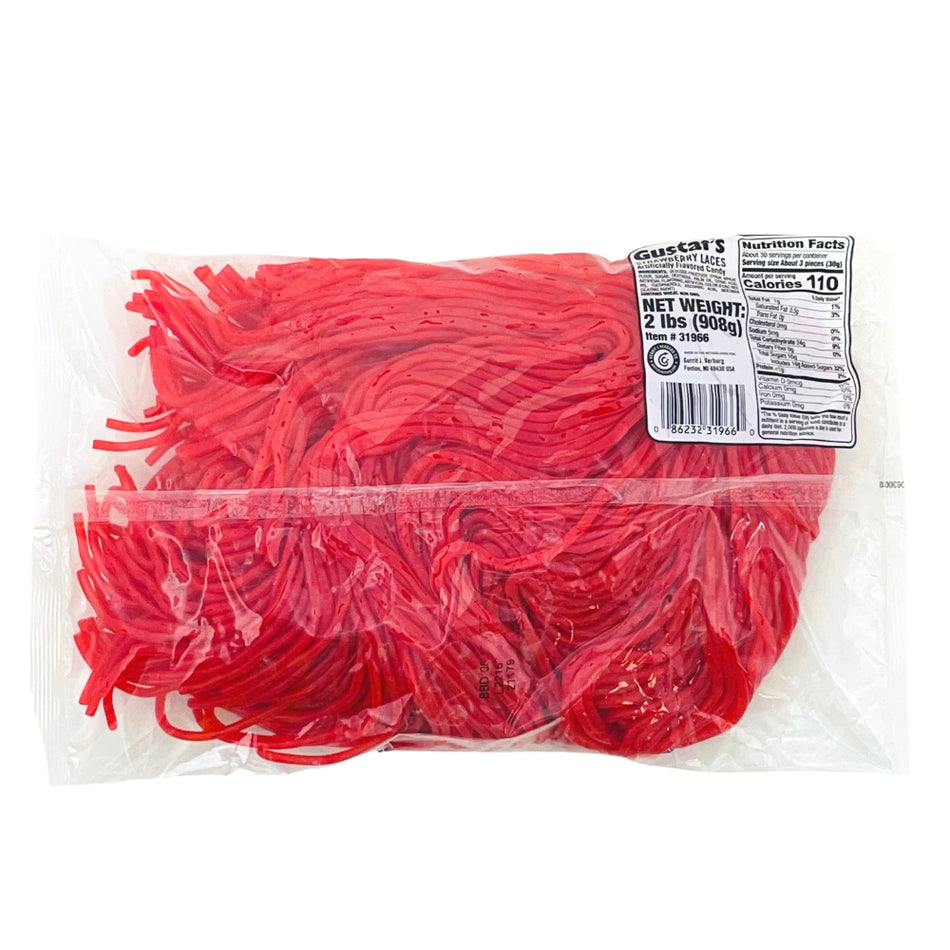 Gustaf's Strawberry Licorice Laces - 2 lbs - Nutrition Facts, Red Candy, Strawberry Flavored Candy, Strawberry Licorice, Sour Strawberry Licorice, Sour Strawberry Candy