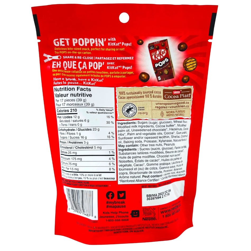 Kit Kat Pops Hazelnut 160g Back - Pop this from Kit Kat! - Now you can pop these Canadian Chocolate Bars - Nutritional Facts - Ingredients