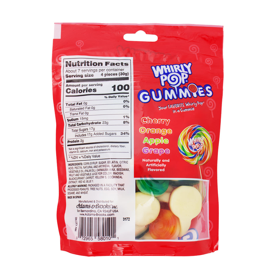 Adams & Brooks Whirly Pop Gummies - 7.5oz Nutrition Facts Ingredients-Gummies-Lollipops- Gummy Candy