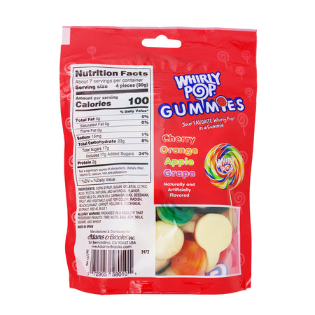 Adams & Brooks Whirly Pop Gummies - 7.5oz Nutrition Facts Ingredients-Gummies-Lollipops- Gummy Candy